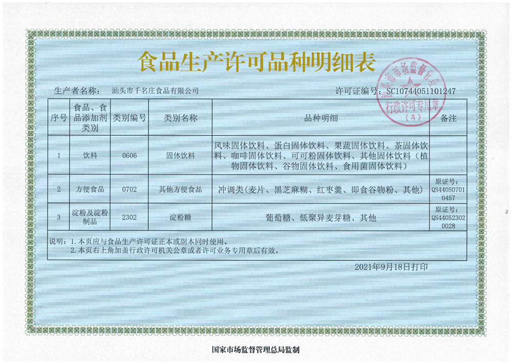 食品生產(chǎn)許可品種明細表